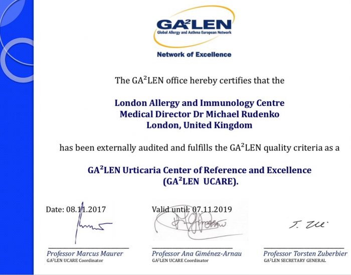 London Allergy and Immunology Centre is the first UK certified Urticaria Centre of Reference and Excellence