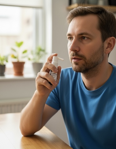 Patient using sublingual immunotherapy spray at home