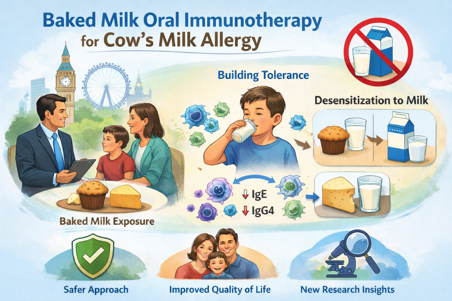 Baked milk oral immunotherapy for cow’s milk allergy: a UK doctor consulting a mother and child, child drinking baked milk, immune system changes with IgE and IgG4 antibodies, desensitisation from baked milk to fresh milk, London landmarks in the background, and icons for safety, improved quality of life, and research insights
