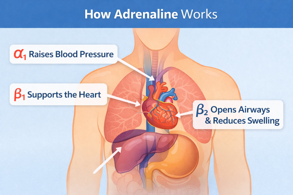 How adrenaline works in anaphylaxis by acting on alpha-1, beta-1, and beta-2 receptors to raise blood pressure, support the heart, and open the airways