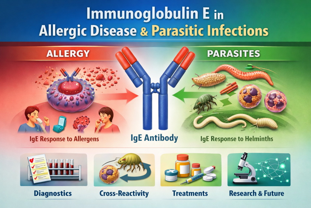 immunoglobulin E linking allergic reactions and parasitic infections, with IgE antibody structure, allergy symptoms, helminths, diagnostics, and treatment
