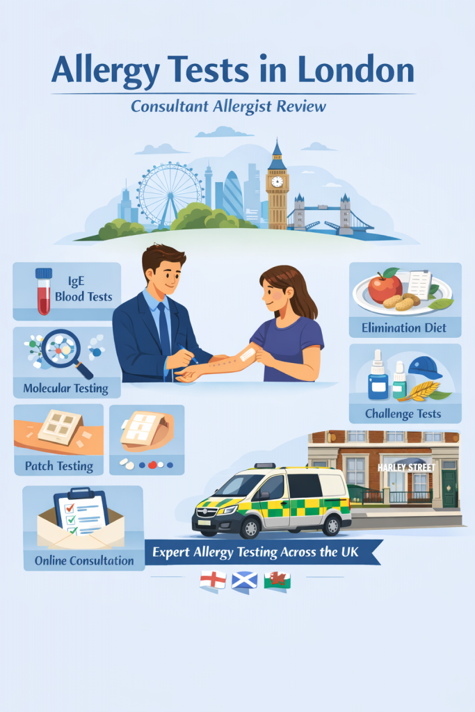 Consultant-led allergy testing in London, skin prick testing, blood and molecular allergy tests, online consultations, and UK-wide services.