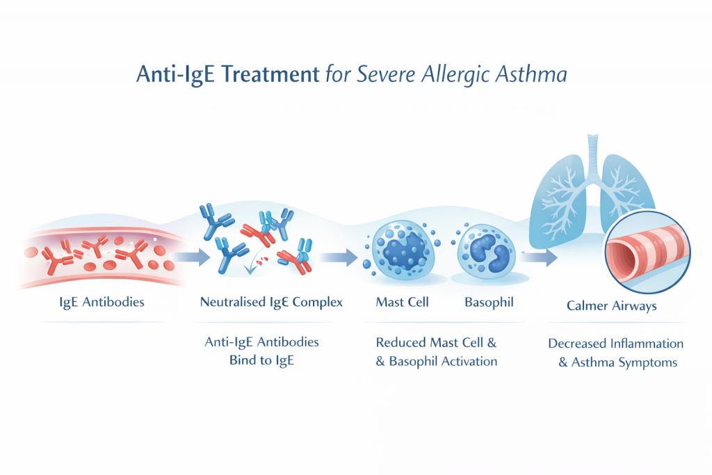 Anti-IgE treatment binds IgE antibodies, reduces mast cell and basophil activation, and leads to calmer airways in severe allergic asthma. Description Educational medical illustration demonstrating the mechanism of Anti-IgE biologic therapy in severe allergic asthma, showing IgE neutralisation, reduced inflammatory cell activation, and improved airway inflammation. If you’d like, I can also: – optimise this further for WCAG accessibility – shorten the alt text for screen-reader performance – adapt wording to patient-friendly vs professional tone
