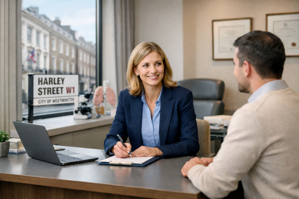 Consulta médica de Alergia e Inmunología Clínica en Harley Street, Londres, con especialista atendiendo a un paciente en clínica privada.