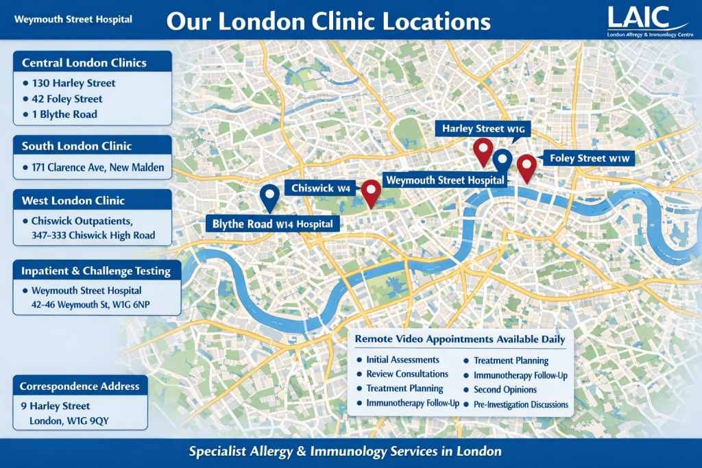 Map of London showing London Allergy & Immunology Centre clinic locations at Harley Street, Foley Street, Blythe Road, Chiswick, New Malden, and Weymouth Street Hospital.