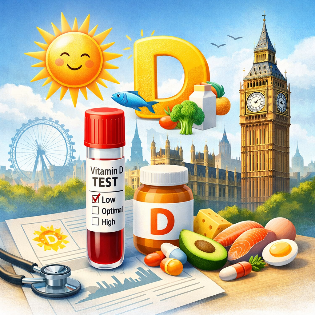 Vitamin D deficiency testing in London showing blood test, supplements and nutrition related to vitamin D levels