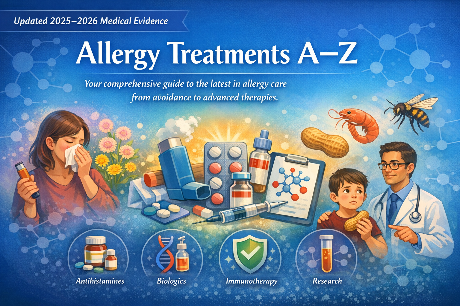 Allergy Treatments A–Z page  a woman with hay fever symptoms, a child with food allergy concerns, allergy medicines, an inhaler, immunotherapy and biologic treatment symbols, plus bee, shellfish and peanut allergy triggers