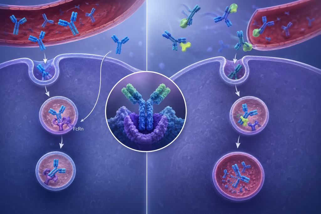 Immunology of FcRn-mediated IgG recycling and FcRn blockade, showing antibody recycling under normal conditions and accelerated degradation of pathogenic IgG autoantibodies after FcRn inhibition.