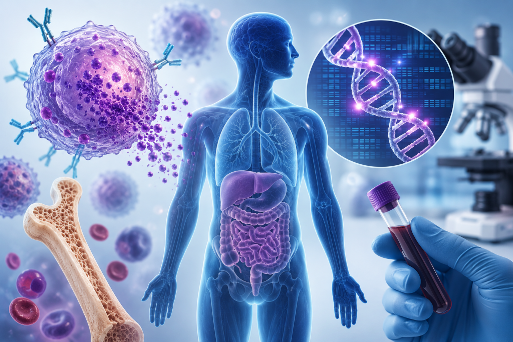 advanced systemic mastocytosis showing abnormal mast cells, KIT D816V mutation, bone marrow involvement, gastrointestinal organs, blood testing and targeted treatment for mast cell disease.