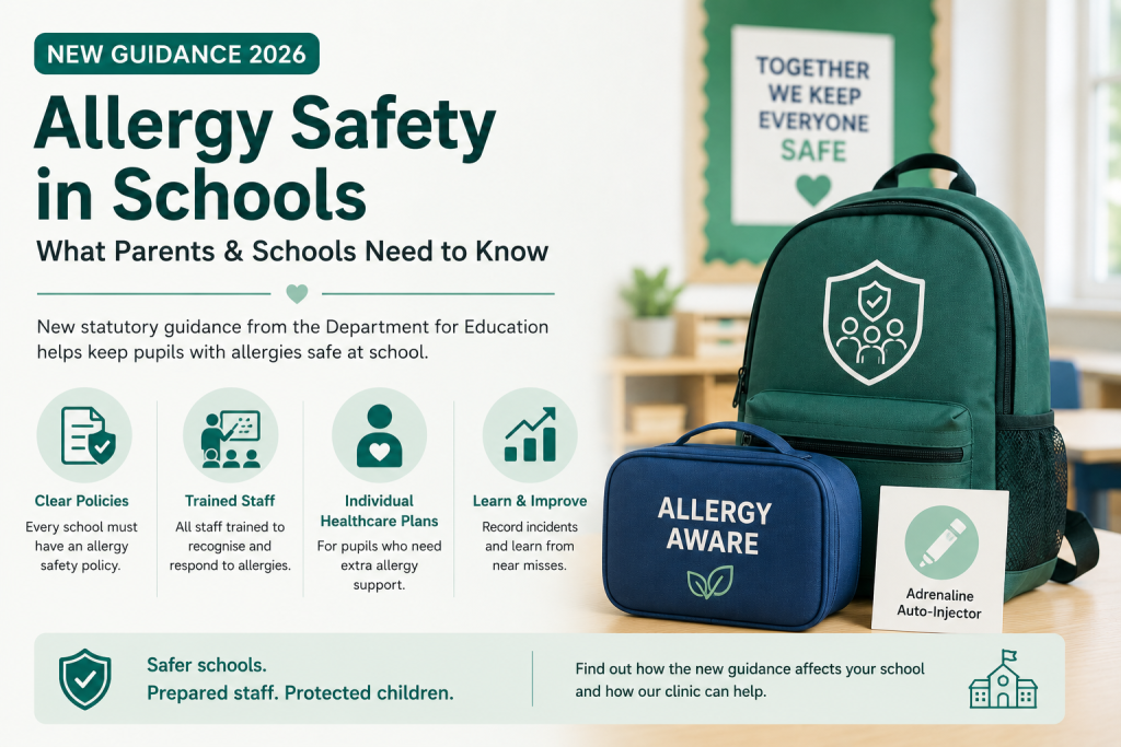 New statutory allergy safety guidance for schools in England 2026, highlighting school allergy policies, staff training and Individual Healthcare Plans for pupils with allergies.