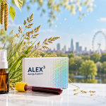 ALEX³ postal allergy test kit, yellow-capped blood sample tube and sublingual spray beside grass and birch, with London in the background.